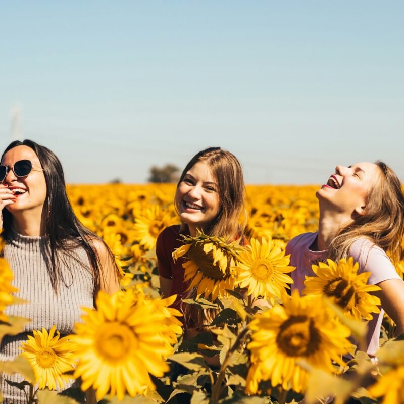 woman in white and black striped shirt standing on yellow sunflower field during daytime