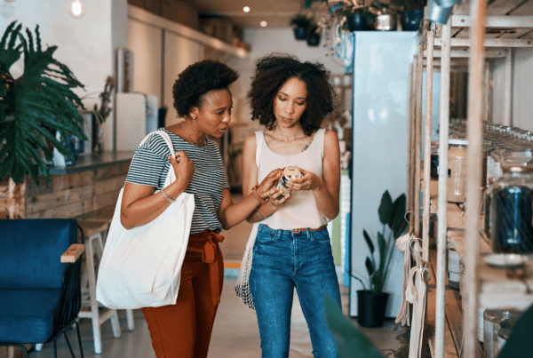 Shot of two young women shopping is a waste free store.