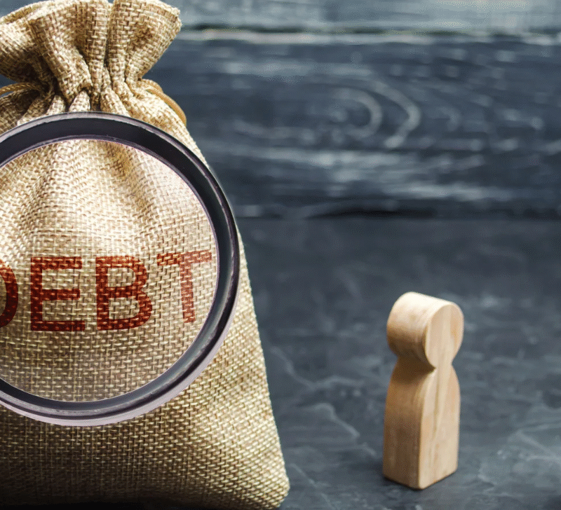 Magnifying glass examining a debt bag, symbolizing evaluating good vs bad business debt.