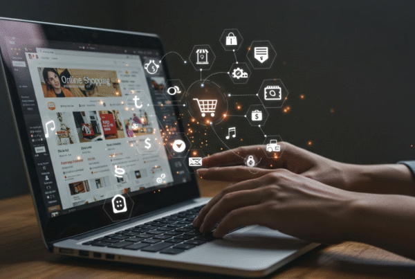 Hands typing on a laptop with online shopping website on screen, surrounded by floating digital icons representing social media, e-commerce, and online marketing concepts.