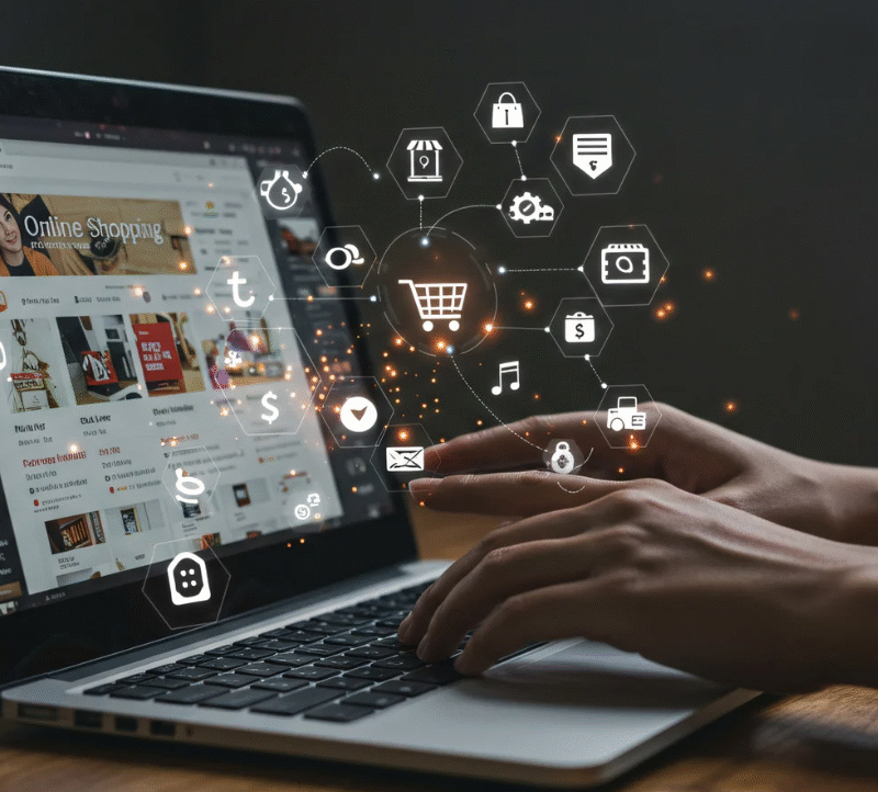 Hands typing on a laptop with online shopping website on screen, surrounded by floating digital icons representing social media, e-commerce, and online marketing concepts.