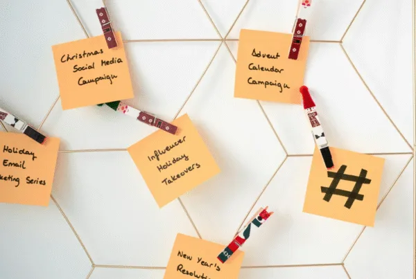 “Orange sticky notes clipped to a gold wire board with holiday-themed clothespins, displaying handwritten marketing ideas like ‘Christmas Social Media Campaign,’ ‘Holiday Email Marketing Series,’ and a hashtag symbol.”