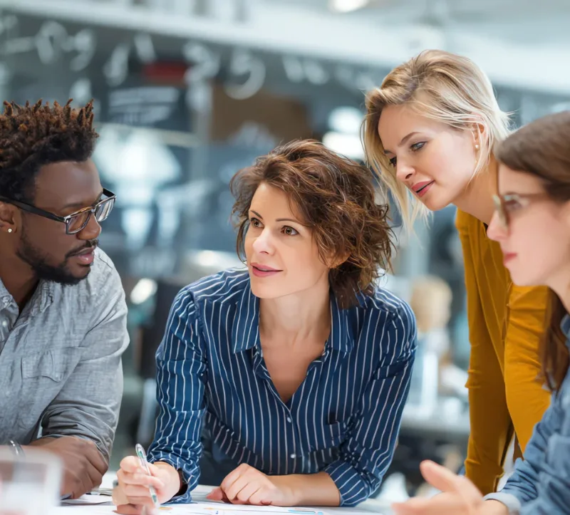 Five professionals gathered around a table in a bright office, leaning in and engaged in discussion, reviewing documents together during a collaborative meeting.