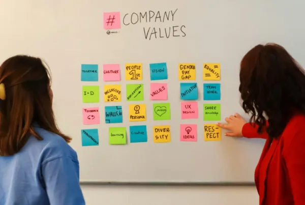 Two people stand in front of a whiteboard filled with colourful sticky notes highlighting company values such as inclusivity, teamwork, respect, innovation, and diversity.