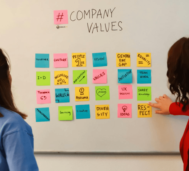 Two people stand in front of a whiteboard filled with colourful sticky notes highlighting company values such as inclusivity, teamwork, respect, innovation, and diversity.