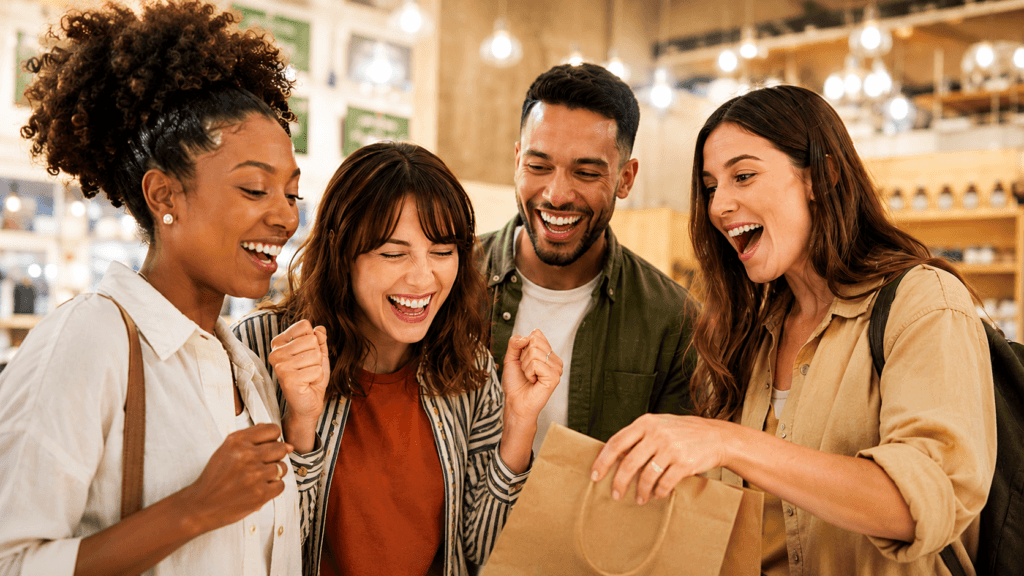 Four happy customers gather around a shopping bag in a warm, welcoming retail store, smiling and celebrating a purchase together. The bright, inviting atmosphere and joyful expressions convey a positive customer experience, strong relationships, and the excitement of discovering something special.