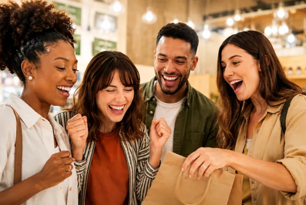 Four happy customers gather around a shopping bag in a warm, welcoming retail store, smiling and celebrating a purchase together. The bright, inviting atmosphere and joyful expressions convey a positive customer experience, strong relationships, and the excitement of discovering something special.