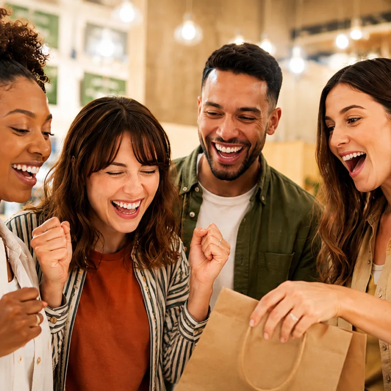 Four happy customers gather around a shopping bag in a warm, welcoming retail store, smiling and celebrating a purchase together. The bright, inviting atmosphere and joyful expressions convey a positive customer experience, strong relationships, and the excitement of discovering something special.