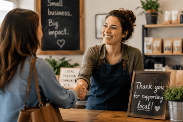 A small business owner shakes hands with a customer across a shop counter, illustrating the trust, personal connections, and community relationships that help small businesses thrive.