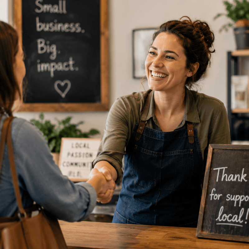 A small business owner shakes hands with a customer across a shop counter, illustrating the trust, personal connections, and community relationships that help small businesses thrive.