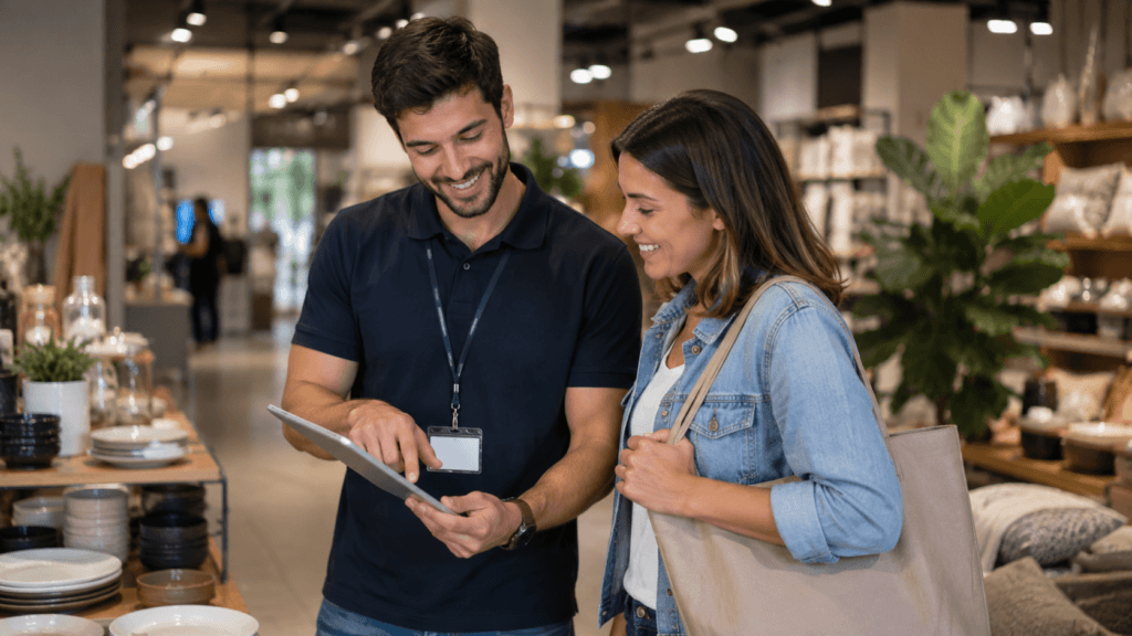 A friendly employee assists a customer in a retail store, using a tablet to provide personalized guidance while they browse products together.