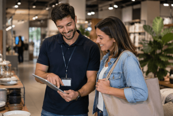 A friendly employee assists a customer in a retail store, using a tablet to provide personalized guidance while they browse products together.