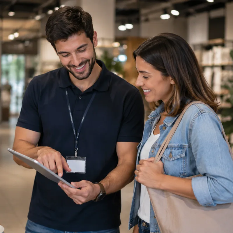 A friendly employee assists a customer in a retail store, using a tablet to provide personalized guidance while they browse products together.