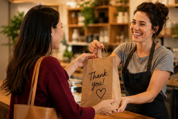 A smiling small business owner hands a customer a shopping bag across a counter, illustrating a positive customer experience, trust, and the value of building lasting customer relationships.
