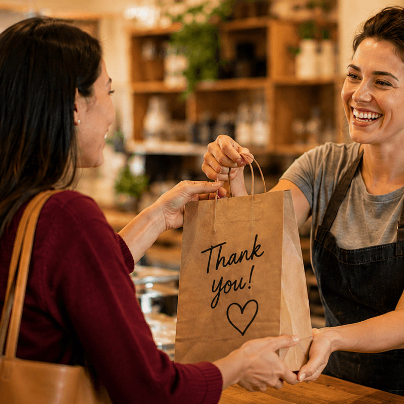 A smiling small business owner hands a customer a shopping bag across a counter, illustrating a positive customer experience, trust, and the value of building lasting customer relationships.