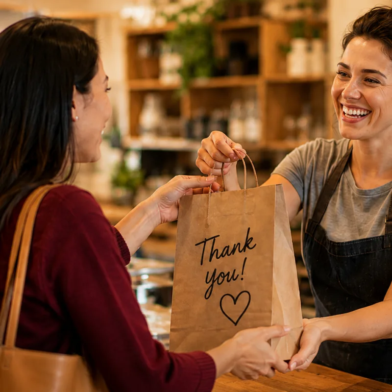 A smiling small business owner hands a customer a shopping bag across a counter, illustrating a positive customer experience, trust, and the value of building lasting customer relationships.