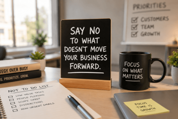 Organized workspace with a notebook and business planning tools, representing focus, priorities, and setting healthy business boundaries.
