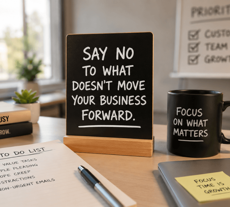 Organized workspace with a notebook and business planning tools, representing focus, priorities, and setting healthy business boundaries.