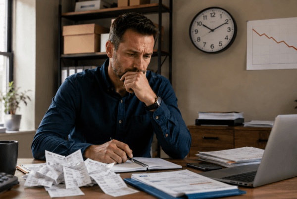 Small business owner thoughtfully reviewing finances at a desk, reflecting on the cost of delaying business decisions.
