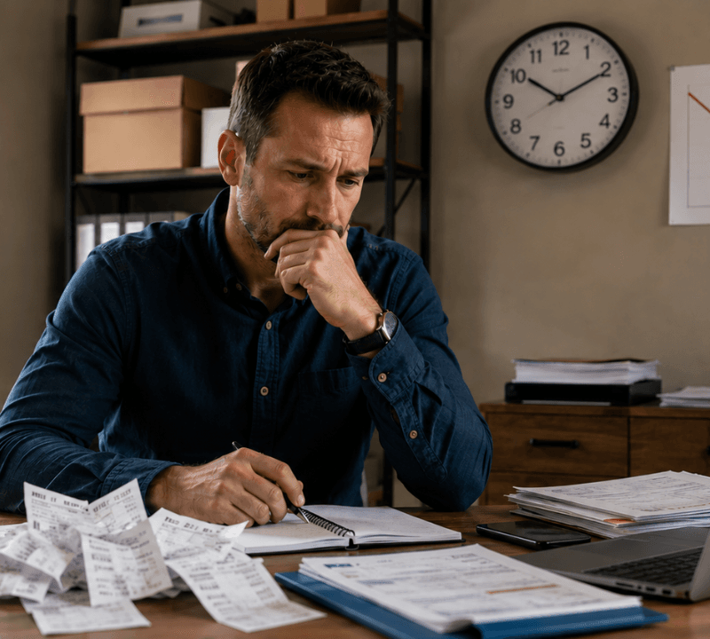 Small business owner thoughtfully reviewing finances at a desk, reflecting on the cost of delaying business decisions.