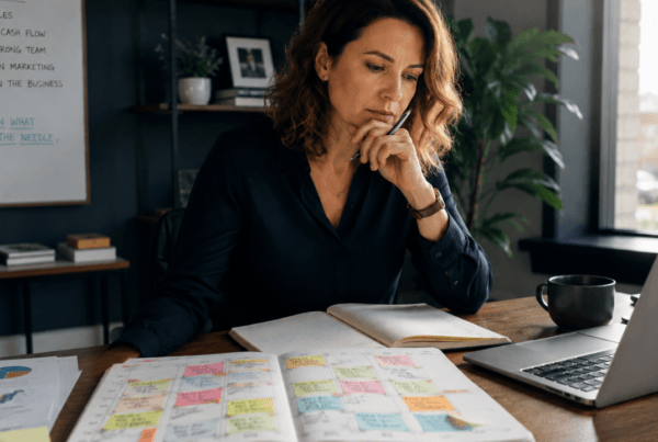 Small business owner reviewing a busy calendar and work schedule while planning business priorities.