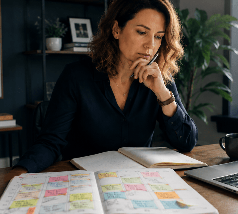 Small business owner reviewing a busy calendar and work schedule while planning business priorities.