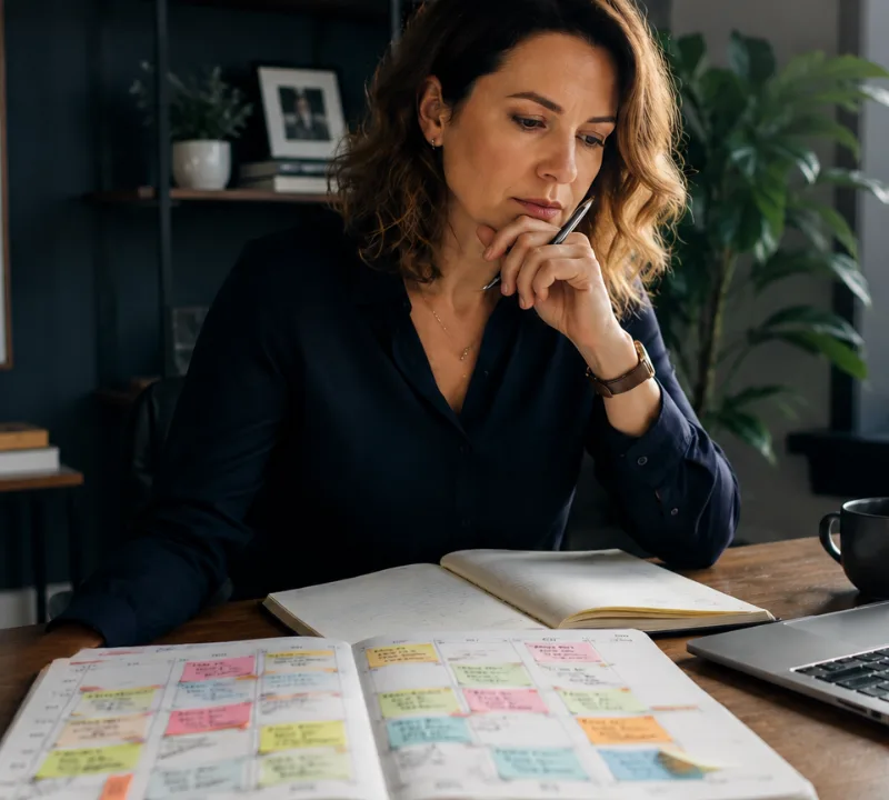 Small business owner reviewing a busy calendar and work schedule while planning business priorities.