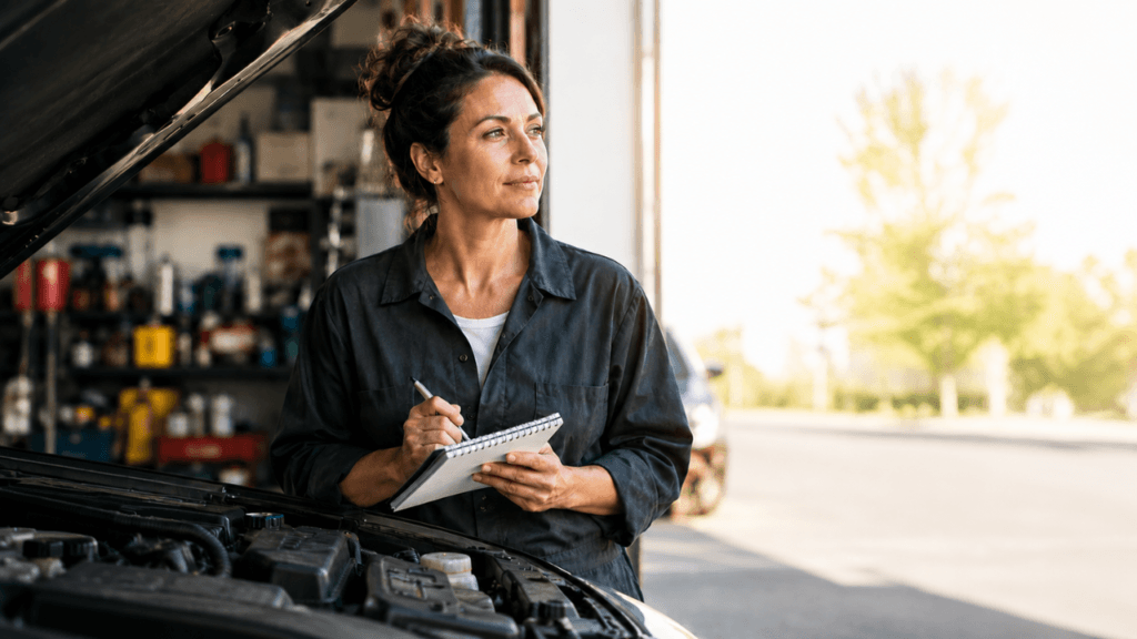Business owner inspecting a vehicle engine as a metaphor for reviewing business strategy.