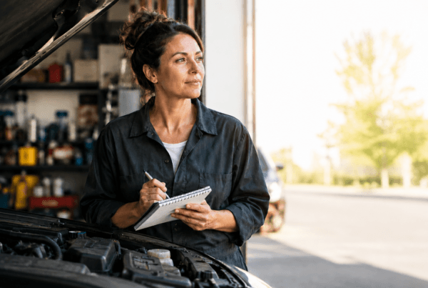 Business owner inspecting a vehicle engine as a metaphor for reviewing business strategy.
