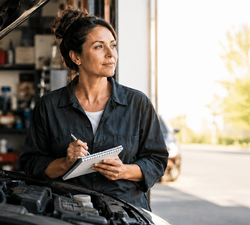 Business owner inspecting a vehicle engine as a metaphor for reviewing business strategy.