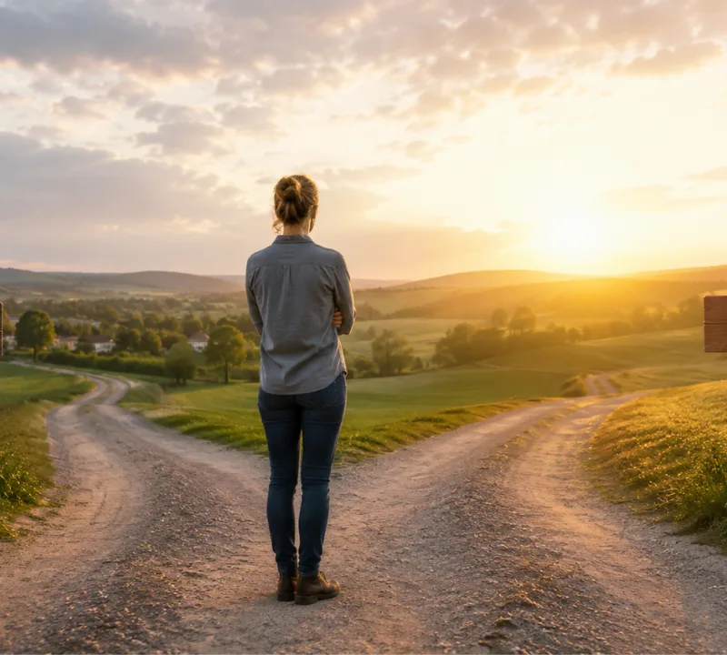 Business owner standing at a fork in the road, symbolizing business decision-making and growth.