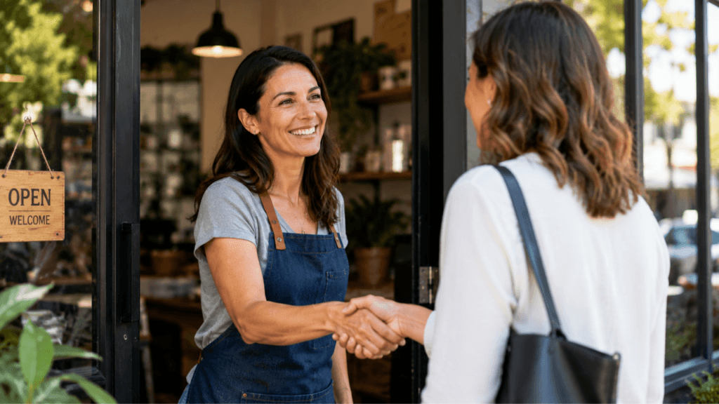 Business owner welcoming a customer to illustrate a positive first impression.