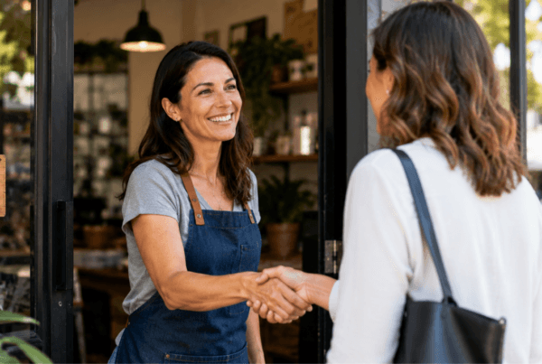 Business owner welcoming a customer to illustrate a positive first impression.