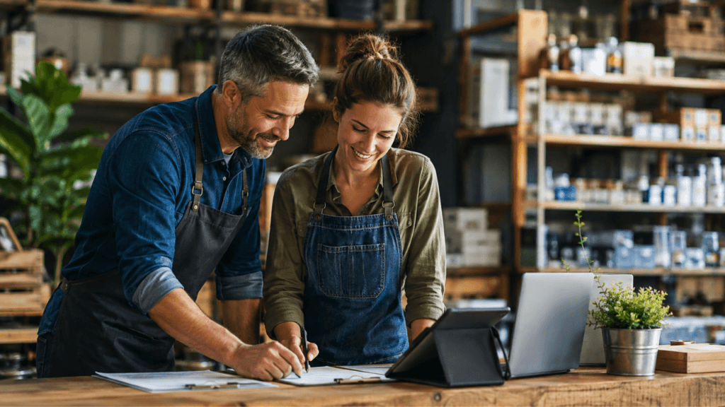 Business owner and employee reviewing workflows to improve business processes.