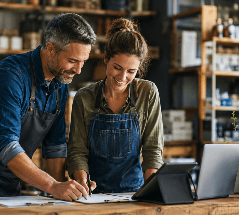 Business owner and employee reviewing workflows to improve business processes.