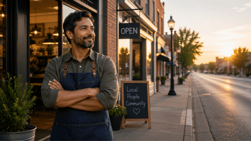 Small business owner standing outside their storefront, looking confidently toward the road ahead.