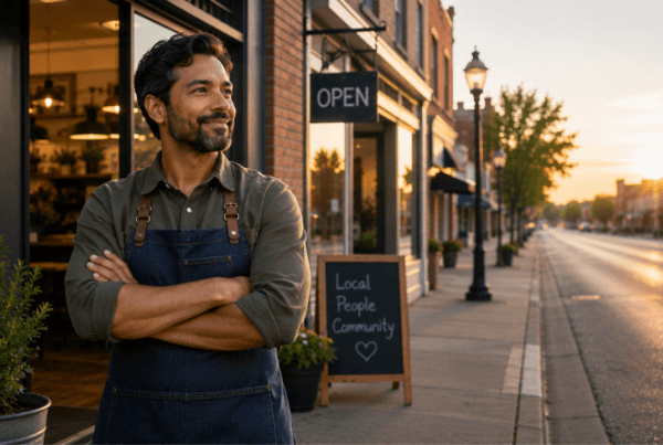 Small business owner standing outside their storefront, looking confidently toward the road ahead.