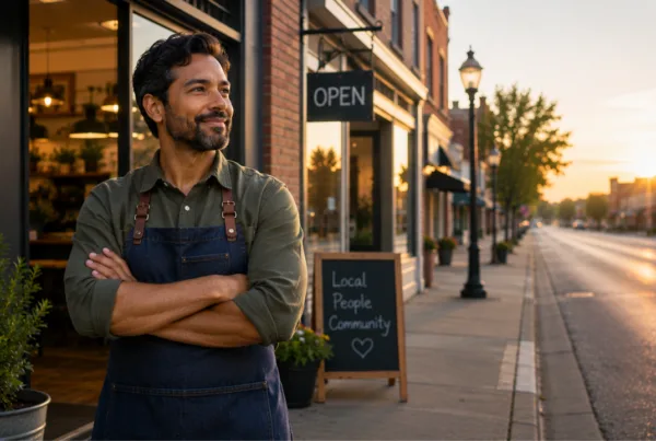 Small business owner standing outside their storefront, looking confidently toward the road ahead.