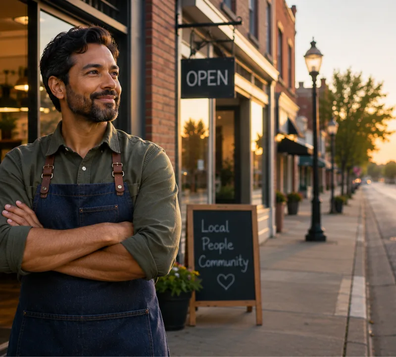 Small business owner standing outside their storefront, looking confidently toward the road ahead.